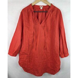J. Crew Womens Shirt Size Large Orange Linen Key Hole 3/4 Sleeve Tunic Top